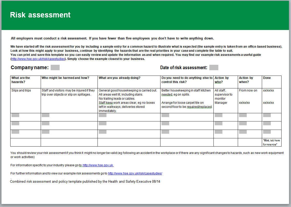 Health And Safety Risk Assessment Template Free Printable Templates